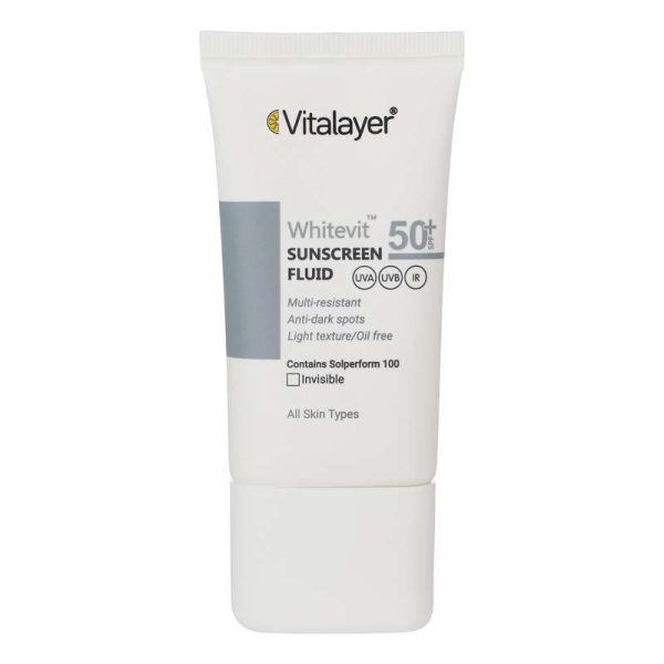 فلوئید ضدآفتاب بی رنگ ویتالیر SPF 50 مدل Whitevit مناسب انواع پوست حجم 50 میلی لیتر