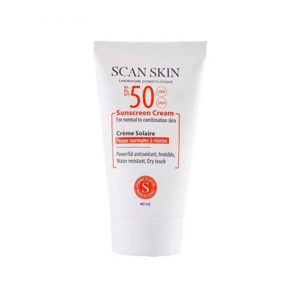 کرم ضدآفتاب بی‌رنگ اسکن اسکین، با SPF50، حاوی محافظ UVA ،UVB، ضدآب، مناسب انواع پوست، حجم 40 میلی‌لیتر