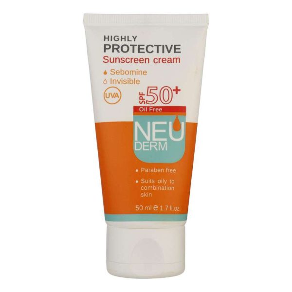 کرم ضد آفتاب بی رنگ نئودرم مدل Highly Protective SPF50 مناسب پوست های چرب تا مختلط حجم 50 میلی لیتر