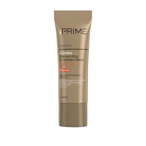 کرم ضدآفتاب بی‌رنگ پرایم با SPF50، مدل Matex ، حاوی محافظ UVA ،UVB و ضدآب، حاوی ویتامین E ,B5 و روغن جوجوبا، فاقد پارابن، بدون رایحه، مناسب پوست‌های نرمال تا خشک، حجم 50 میلی‌لیتر