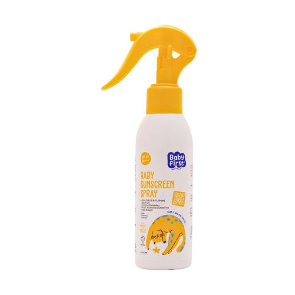 اسپری ضد آفتاب بدون رنگ بیبی فرست SPF 50 مدل پری بیوتیک مناسب انواع پوست حجم  150 میلی‌لیتر
