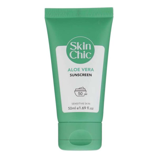 کرم ضد آفتاب بدون رنگ SPF 50 اسکین شیک مدل Aloe Vera ‌مناسب پوست‌های حساس حجم 50 میلی‌لیتر